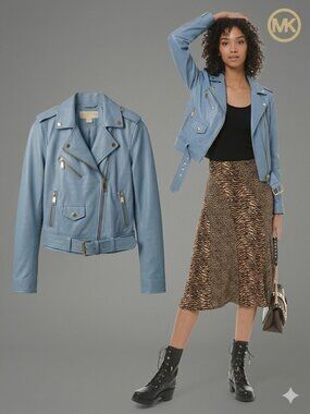 MICHAEL Michael Kors - Soft Chambray Blue Moto Jacket with Belt - XS